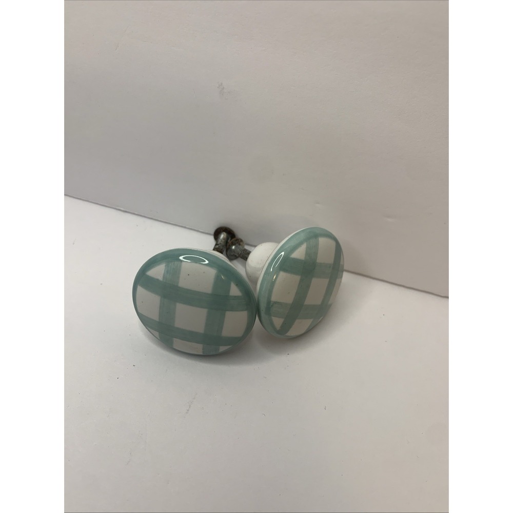 Set‎ of 2 Ceramic Drawer Knobs Teal Blue White Plaid Gingham Round Cabinet Pulls